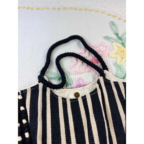 Striped Fringe Tote Bag Bohemian Purse Black Cream Woven Rope Handles - Picture 3 of 8